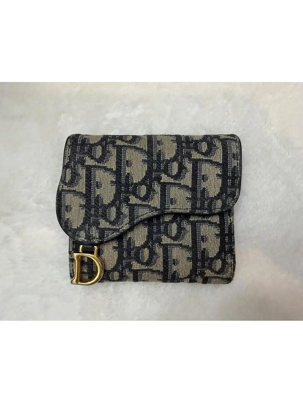 Authentic Christian Dior Saddle Lotus Wallet Blue Oblique Jacquard Trifold